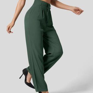 Straight Leg Work Suit Pants - High Waisted Button Zipper (Hunter Green, Medium)
